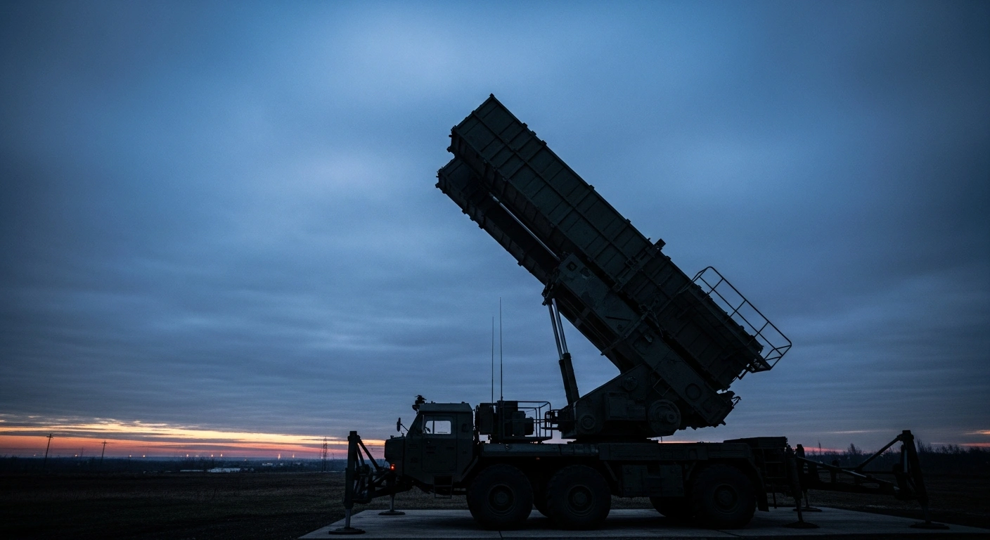A modern air defense system stands ready in a field to protect Ukrainian territory against aerial threats following British military support.