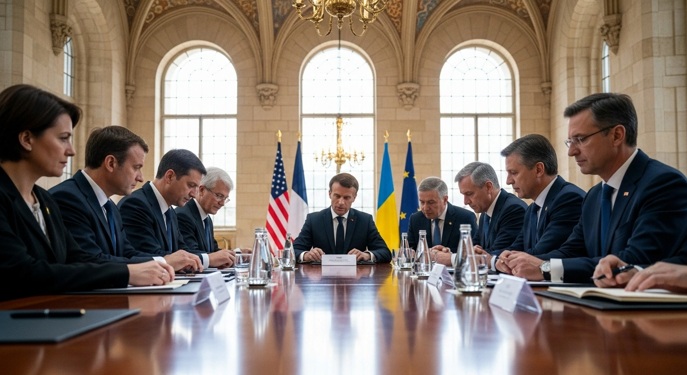 Heads of state and government, including French President Emmanuel Macron and Ukrainian President Volodymyr Zelensky, are gathered around a large table in a grand Parisian hall, discussing a framework for binding security guarantees for Ukraine.
