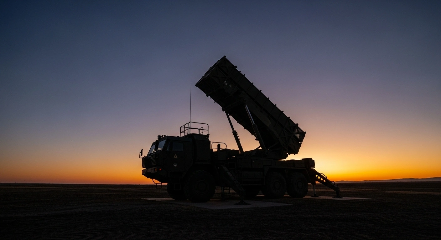 A powerful US-made Patriot missile launcher, recently operational in Ukraine, stands silhouetted against a dramatic twilight sky, representing the nation's enhanced air defense capabilities and strategic arms acquisitions, including a $90 billion purchase and drone production deals.