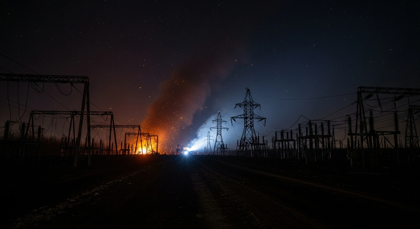 A wide, low-angle shot at night shows the damaged energy infrastructure in Russia's Bryansk Oblast, with flickering orange fires and emergency lights illuminating twisted metal and sparking wires, depicting the aftermath of alleged Ukrainian attacks and resulting power disruptions.