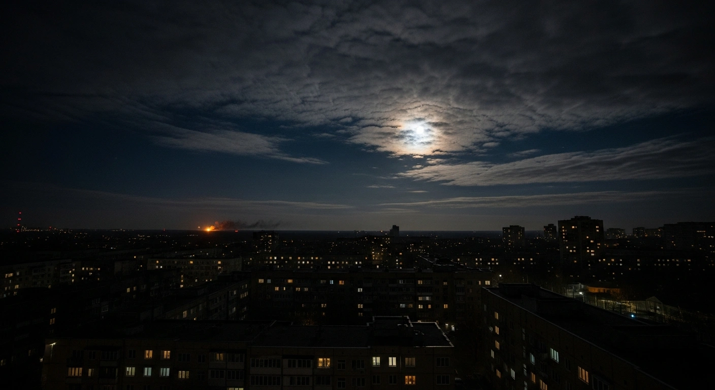 A wide, haunting shot of a Ukrainian city at night, plunged into a near-complete blackout with only moonlight and a distant explosion's glow visible, illustrating the significant power outages in regions like Kyiv Oblast caused by Russian missile and drone strikes, affecting thousands of families and resulting in civilian casualties.