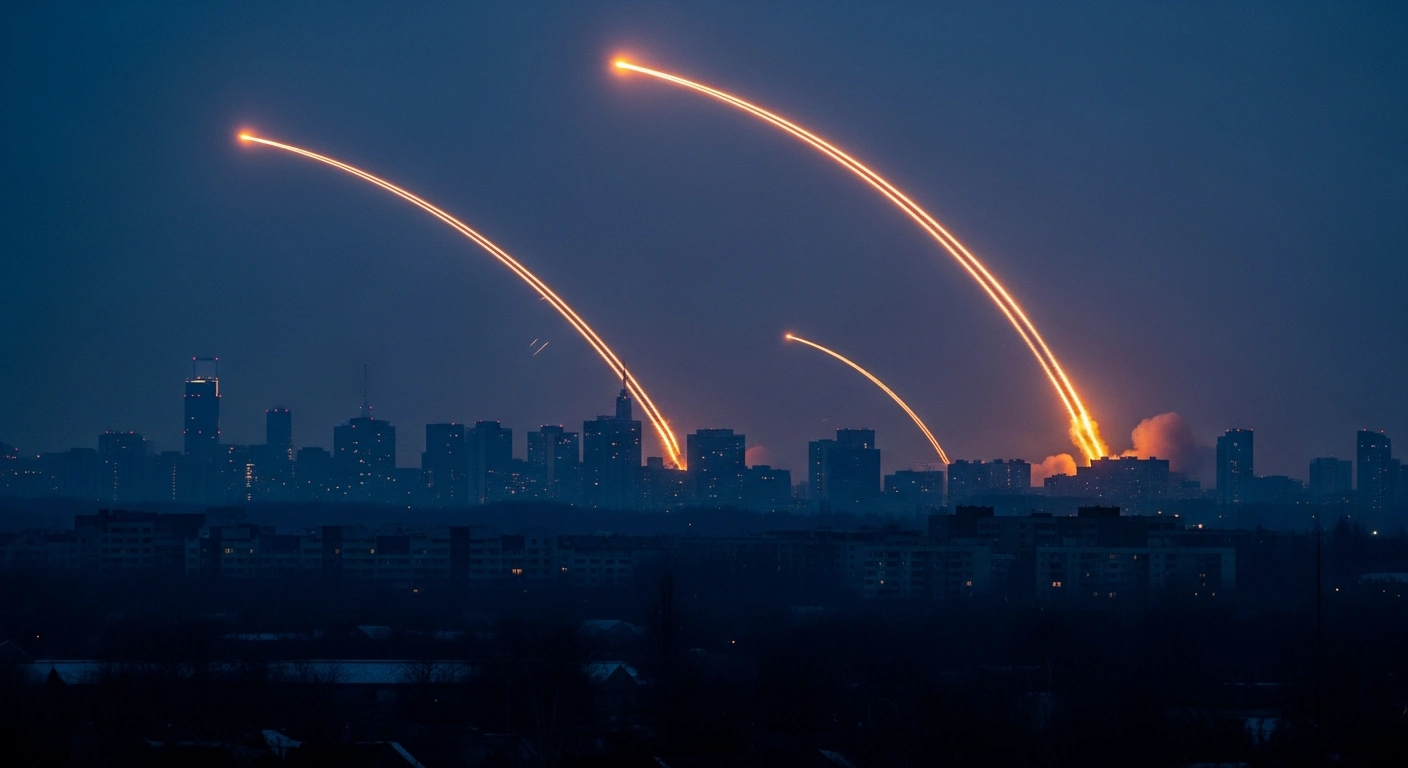 A dark cityscape at night is illuminated by the bright trails of air defense missiles firing into the sky to intercept potential strikes.
