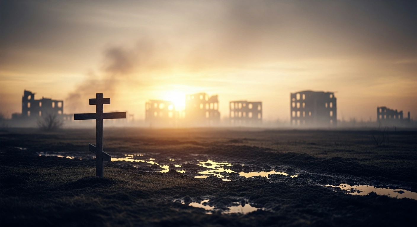 A desolate, war-torn landscape in Ukraine features a solitary wooden cross at dawn, symbolizing the temporary ceasefire declared by Russian President Vladimir Putin for the Orthodox Easter weekend.