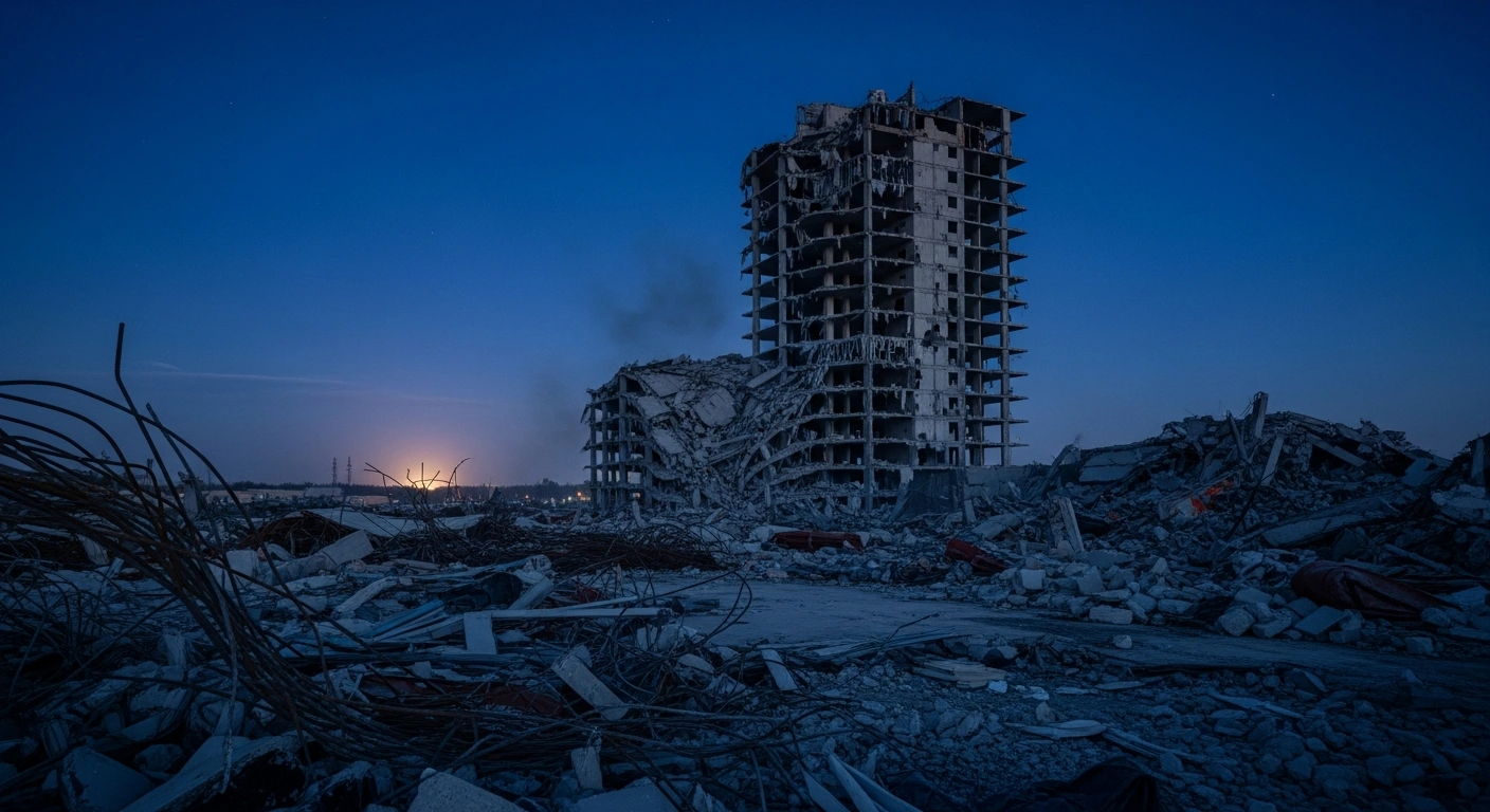 A wide shot at magic hour shows a partially collapsed high-rise building with smoke rising against an indigo sky, and twisted rebar and shattered glass in the foreground, illustrating widespread urban devastation from missile and drone attacks on Ukrainian cities.