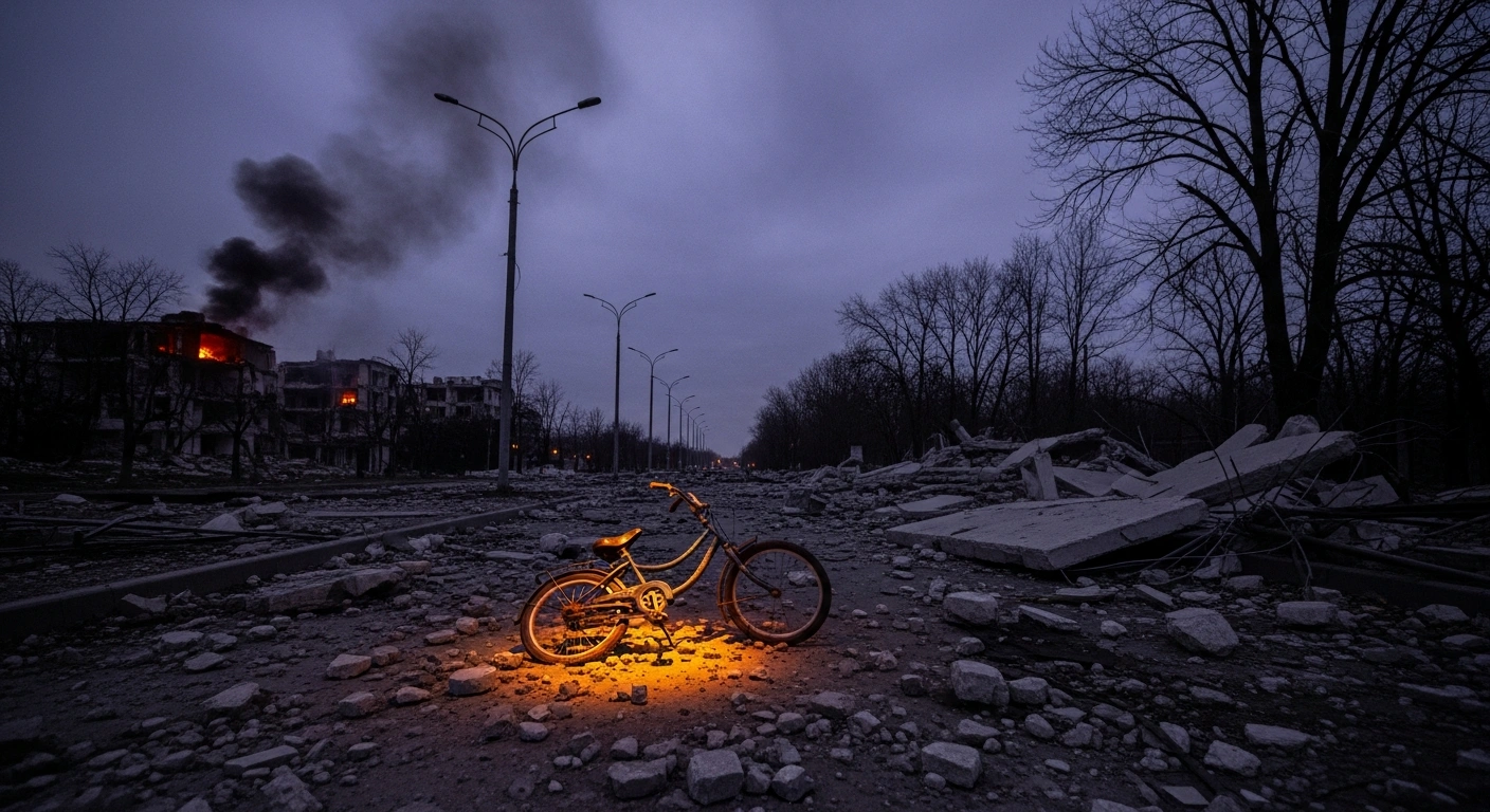 A wide, low-angle shot of a devastated urban street at pre-dawn, with smoke rising from distant fires and an overturned child's bicycle amidst concrete rubble, symbolizing the civilian casualties and infrastructure damage from recent Russian attacks across Ukraine.