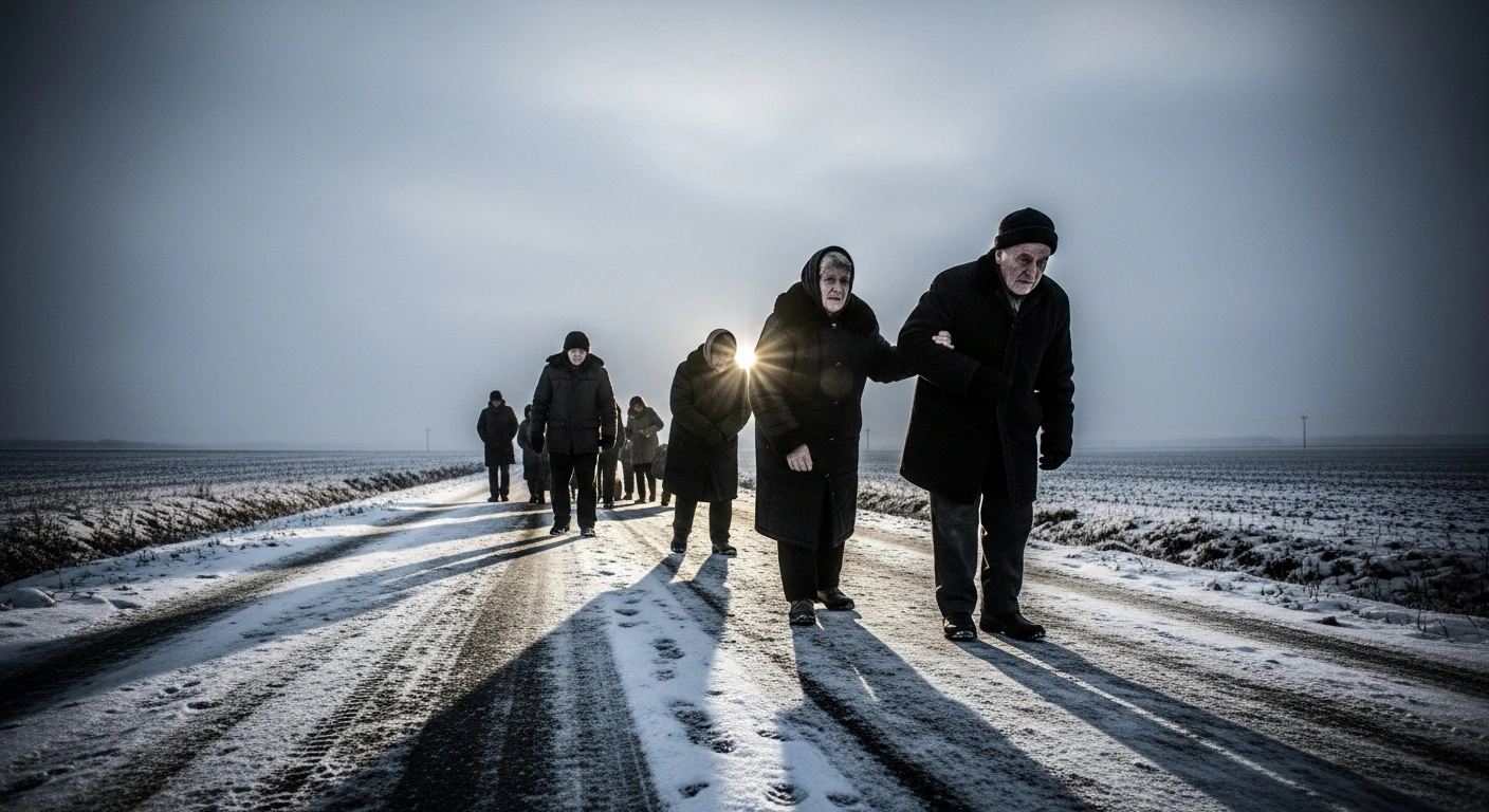A wide, low-angle shot depicts a small group of elderly Ukrainian civilians, bundled in dark coats, being forcibly herded along a desolate, snow-dusted rural road under an overcast sky, representing their abduction by Russian forces.