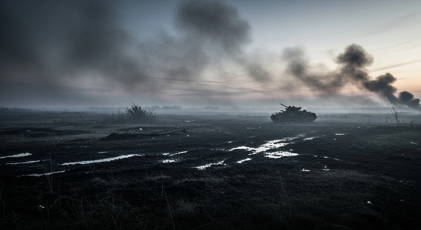 A desolate and smoke-filled battlefield in Ukraine represents the ongoing conflict and the heavy casualties sustained by Russian forces.