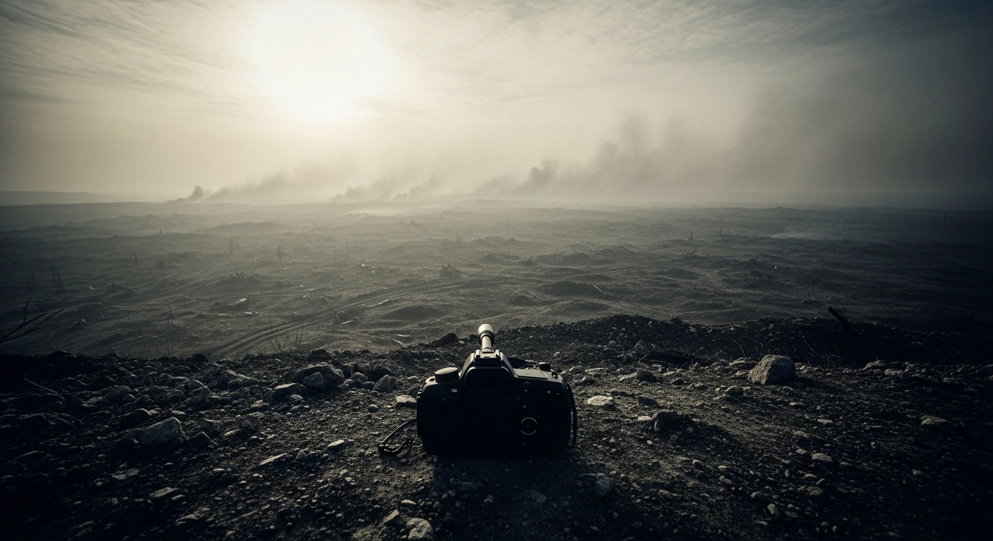 A desolate, smoke-filled battlefield at dawn represents the ongoing conflict and the significant personnel losses reported by the Ukrainian military.