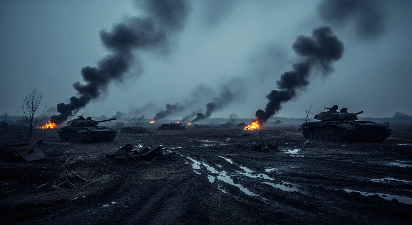 A desolate battlefield shows smoldering military equipment wreckage following intense combat operations between Russian and Ukrainian forces.