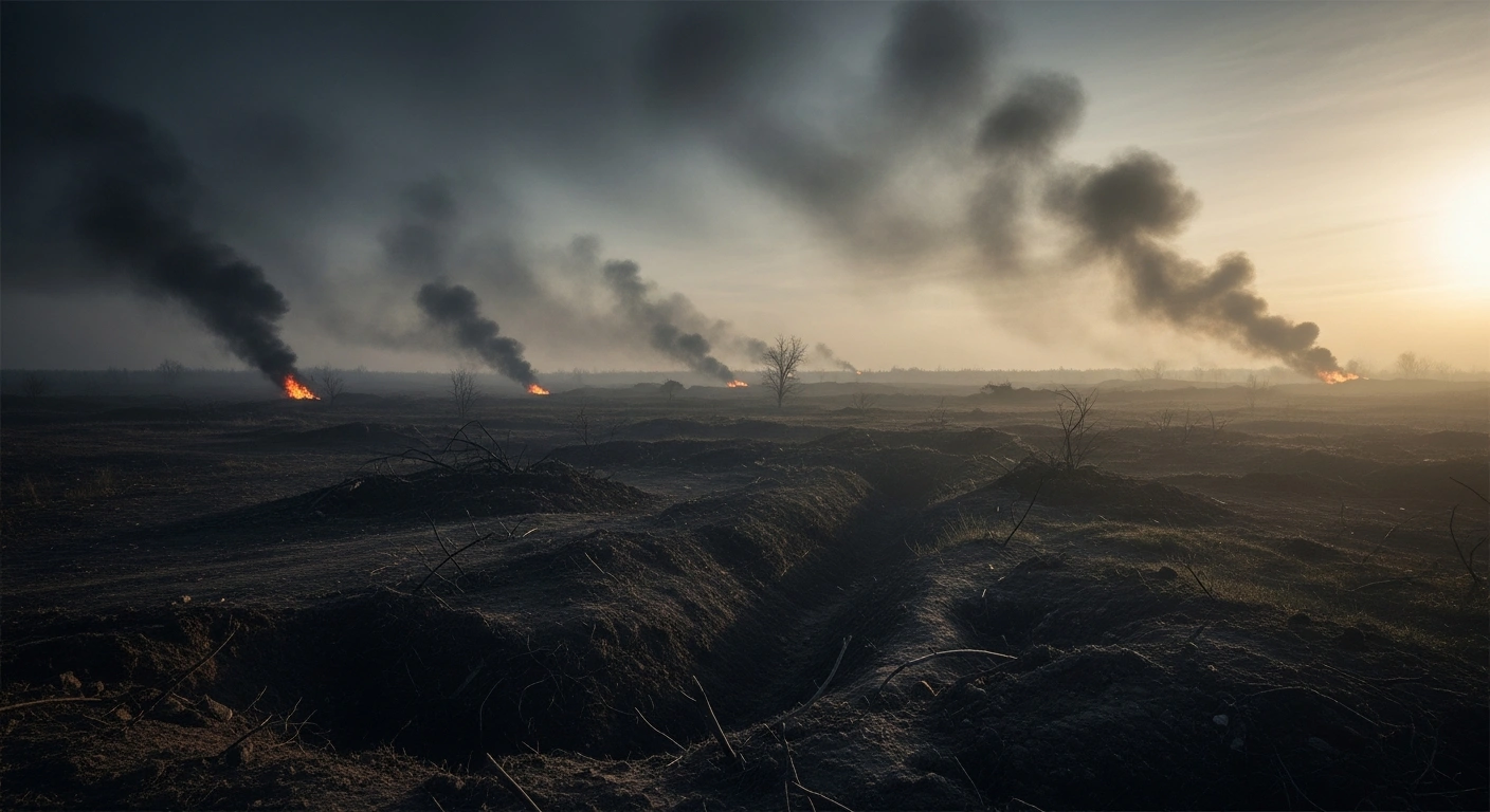 A desolate, smoke-filled battlefield landscape in Ukraine represents the intense fighting and casualties reported by the General Staff of the Armed Forces.