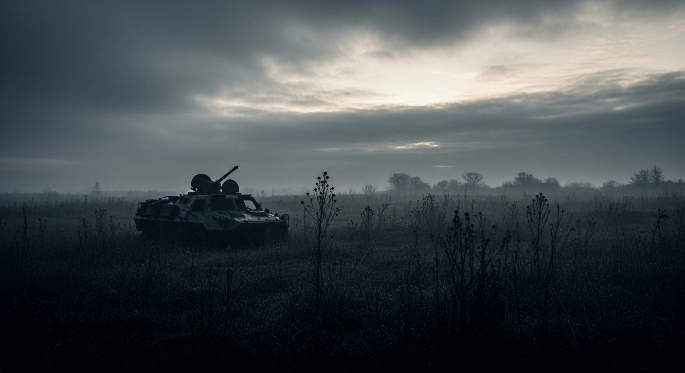 A desolate, war-torn landscape at dawn represents the ongoing conflict where Russian forces have sustained significant casualties.