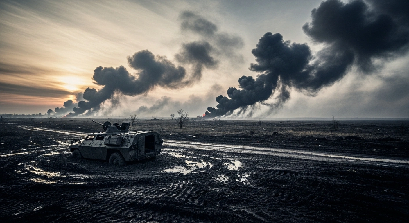 A desolate, smoke-filled battlefield represents the intense fighting and heavy casualties sustained by Russian forces in Ukraine.