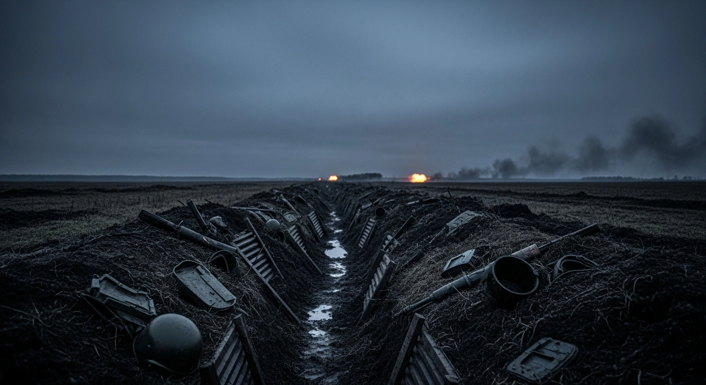 A desolate and muddy battlefield landscape represents the high human cost of the ongoing conflict in Ukraine.