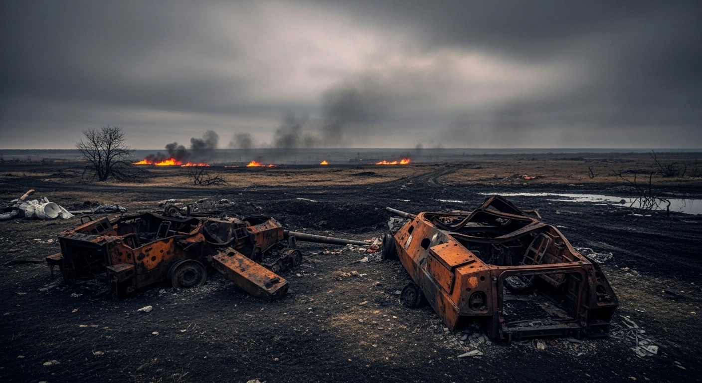 A desolate, war-torn battlefield features the scorched remains of military equipment, illustrating the heavy attrition of the ongoing conflict in Ukraine.