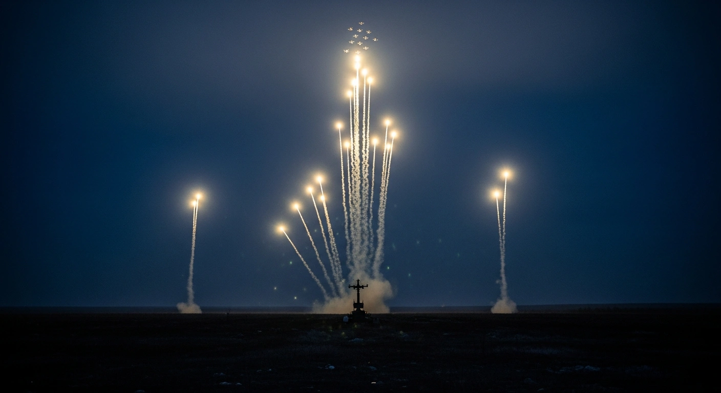 Anti-aircraft defense systems fire interceptor missiles into the night sky to counter a wave of incoming drone attacks over Ukraine.