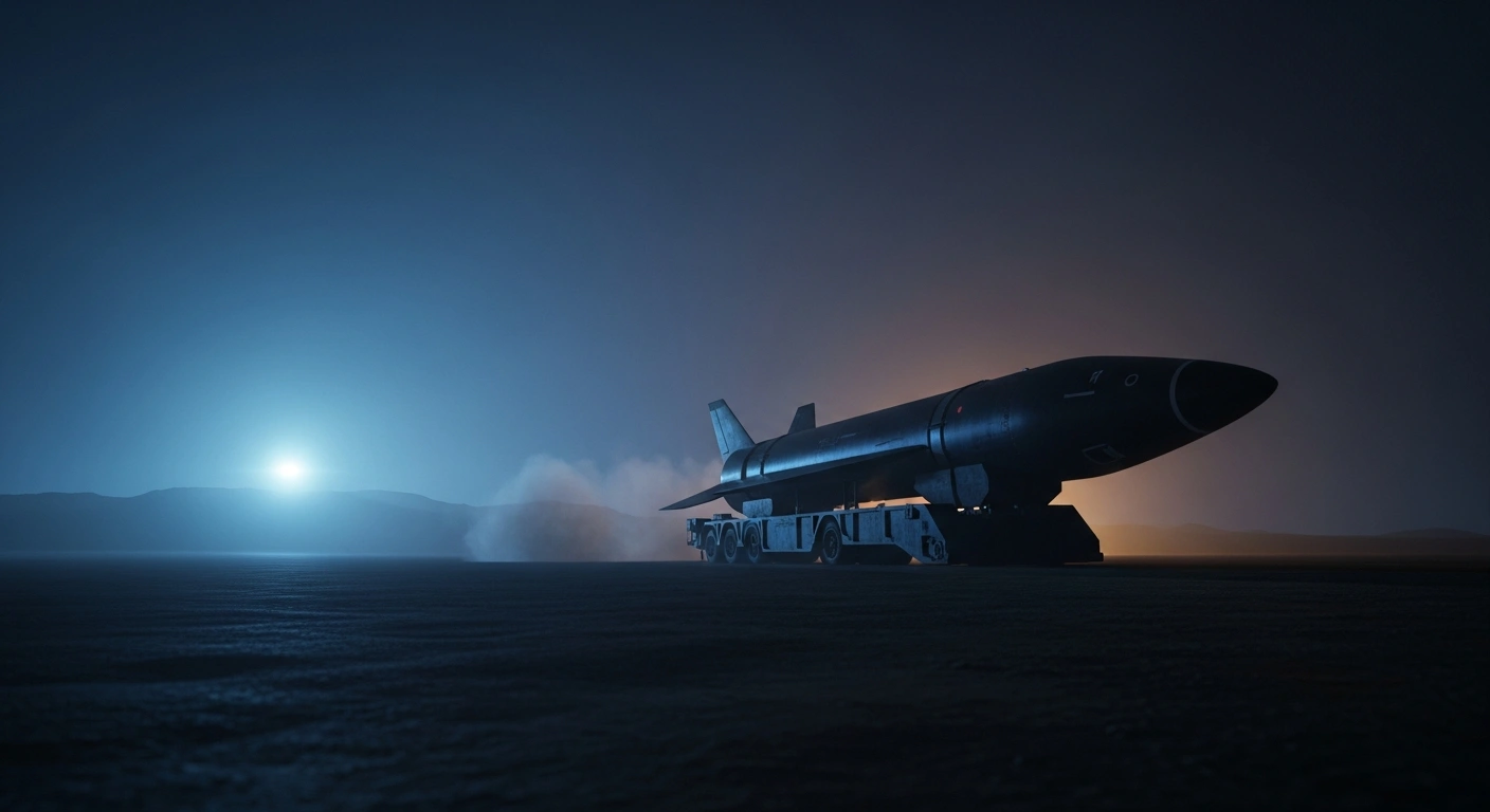 A sleek, advanced Oreshnik hypersonic ballistic missile stands on a launch platform at a desolate testing range under moonlight, with a subtle plume of smoke indicating its recent secret destruction by Ukrainian security services.