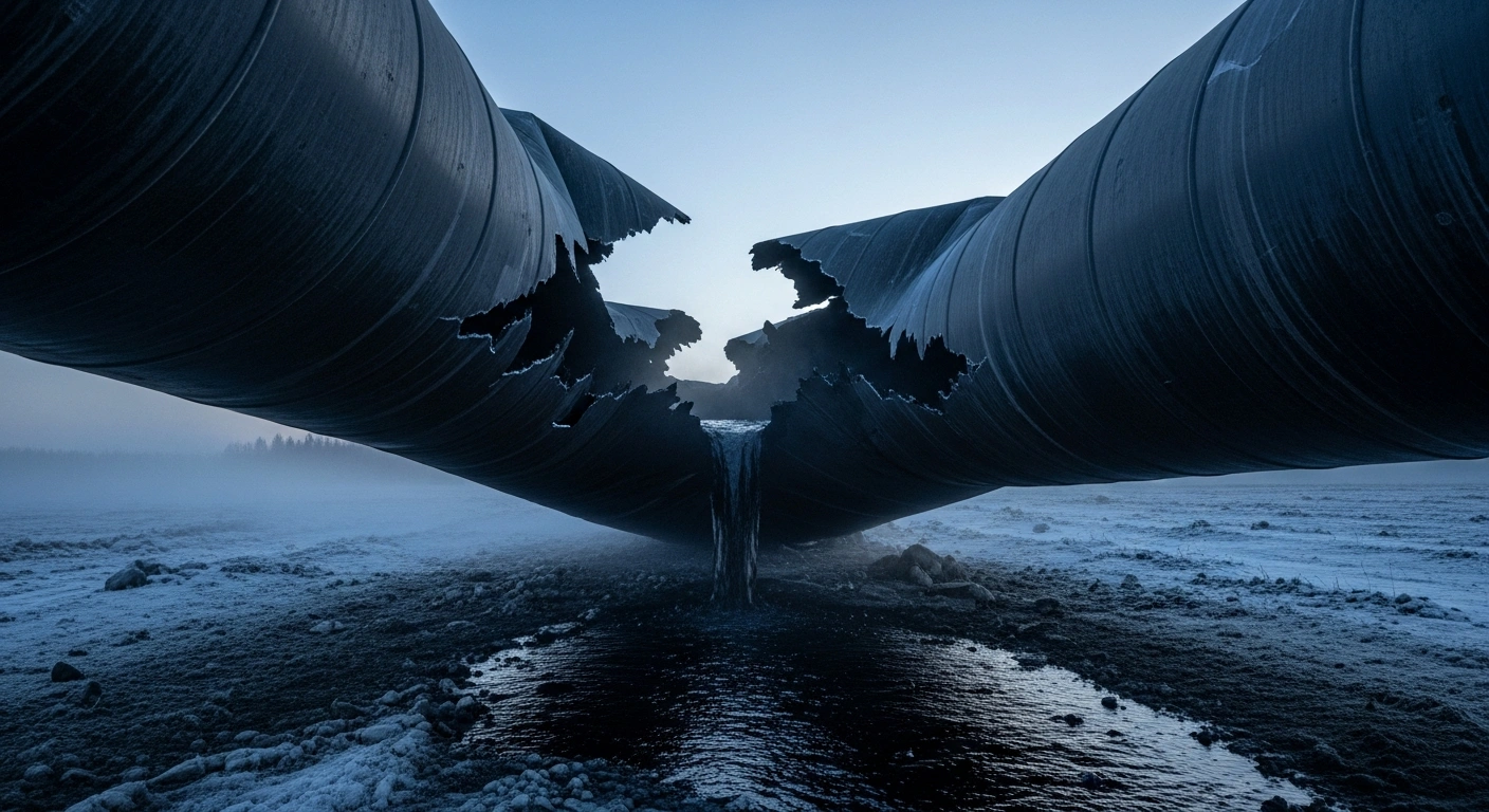 A close-up view of a ruptured Russian military fuel pipeline in Moscow Oblast, with dark fuel leaking onto frozen ground under a cold, pre-dawn sky, depicting the aftermath of a successful strike.