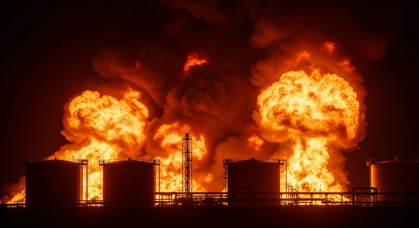 Massive fires and damaged infrastructure are seen at Russia's Sheskharis oil terminal in Novorossiysk following a Ukrainian drone attack, which led to suspended oil exports and rising global oil prices.