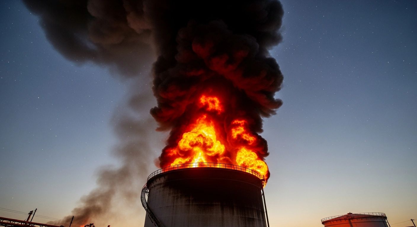 A massive oil storage tank is engulfed in a large fire at an oil depot in Velikiye Luki, Pskov Oblast, following reported Ukrainian drone and missile attacks overnight.