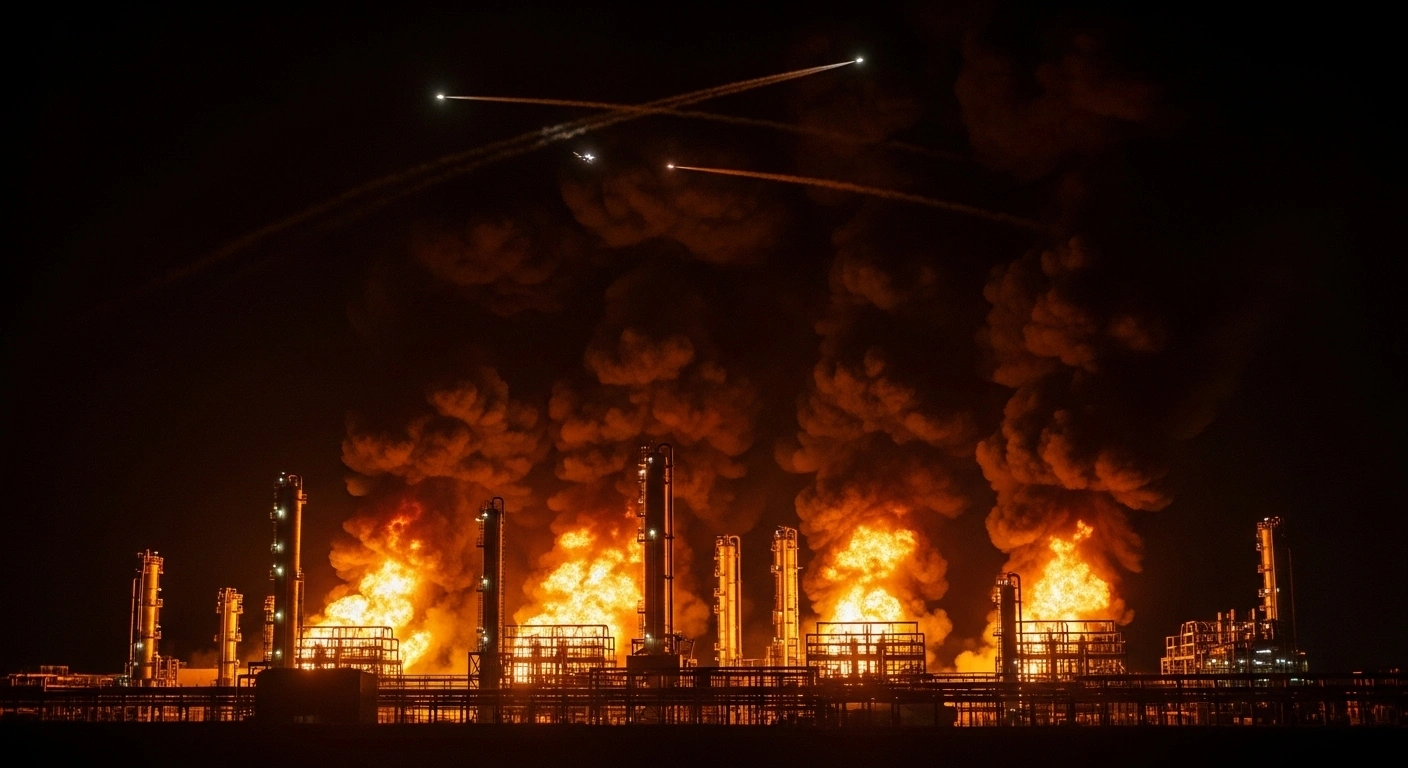 An aerial view at night shows a large industrial complex, likely the Lukoil-Korobkovsky gas processing plant or Yefimovka oil pumping station in Russia's Volgograd region, engulfed in flames and smoke from a Ukrainian drone attack, with faint streaks of light in the sky indicating air defense activity.