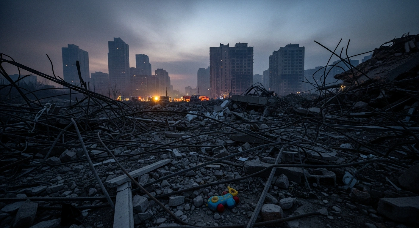 A wide, low-angle view of a devastated Ukrainian city at pre-dawn, showing twisted rebar, concrete rubble, and a child's toy amidst the destruction, following a large-scale Russian drone and missile attack that caused widespread power outages and damage.