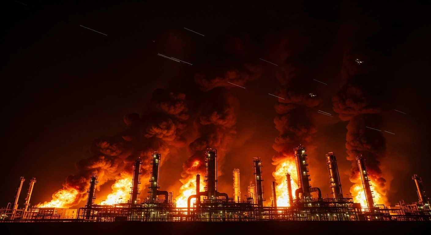 An oil refinery in Slovyansk-na-Kuban is shown at night, engulfed in raging fires and thick, dark smoke after a Ukrainian drone strike, with faint streaks of light in the sky indicating recent aerial activity.
