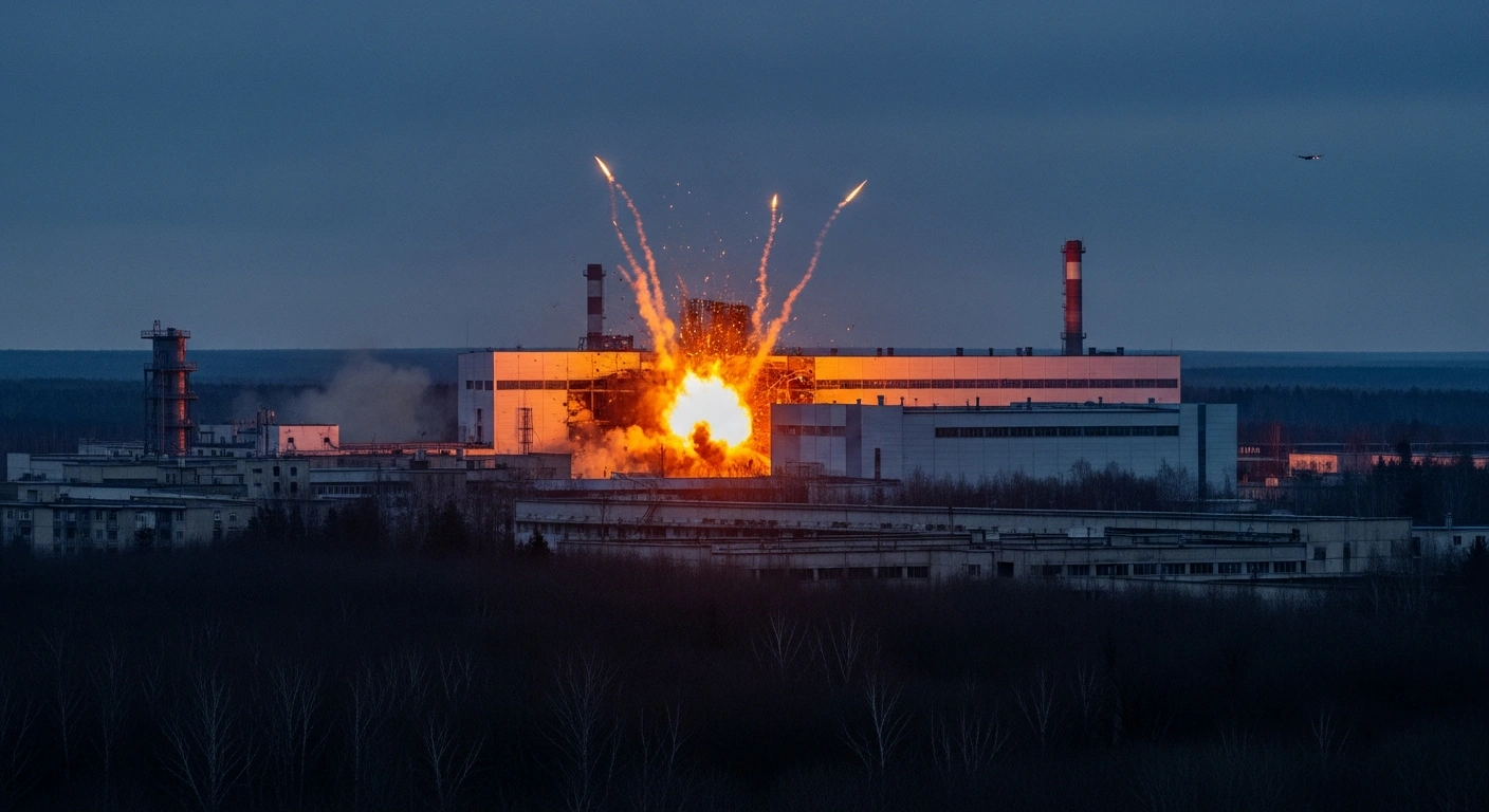 A large industrial building at a Russian cruise missile fuel component plant in Redkino, Tver Oblast, is engulfed in a fiery explosion at night, with smoke and debris rising into the dark sky, depicting the aftermath of a reported Ukrainian drone strike.