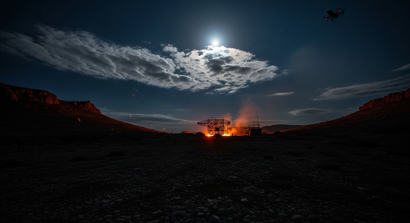 A dramatic night scene over Russian-occupied Crimea shows the smoldering wreckage of a military radar system or downed aircraft after a Ukrainian drone strike, with moonlight illuminating the rugged terrain.