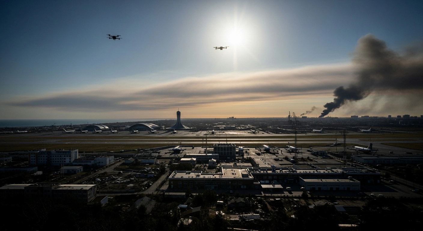 A wide, cinematic view of Sochi's airport at dawn, showing damaged infrastructure and a plume of smoke rising from a distant oil depot, illustrating the impact of recent Ukrainian long-range drone strikes on the Black Sea resort city.