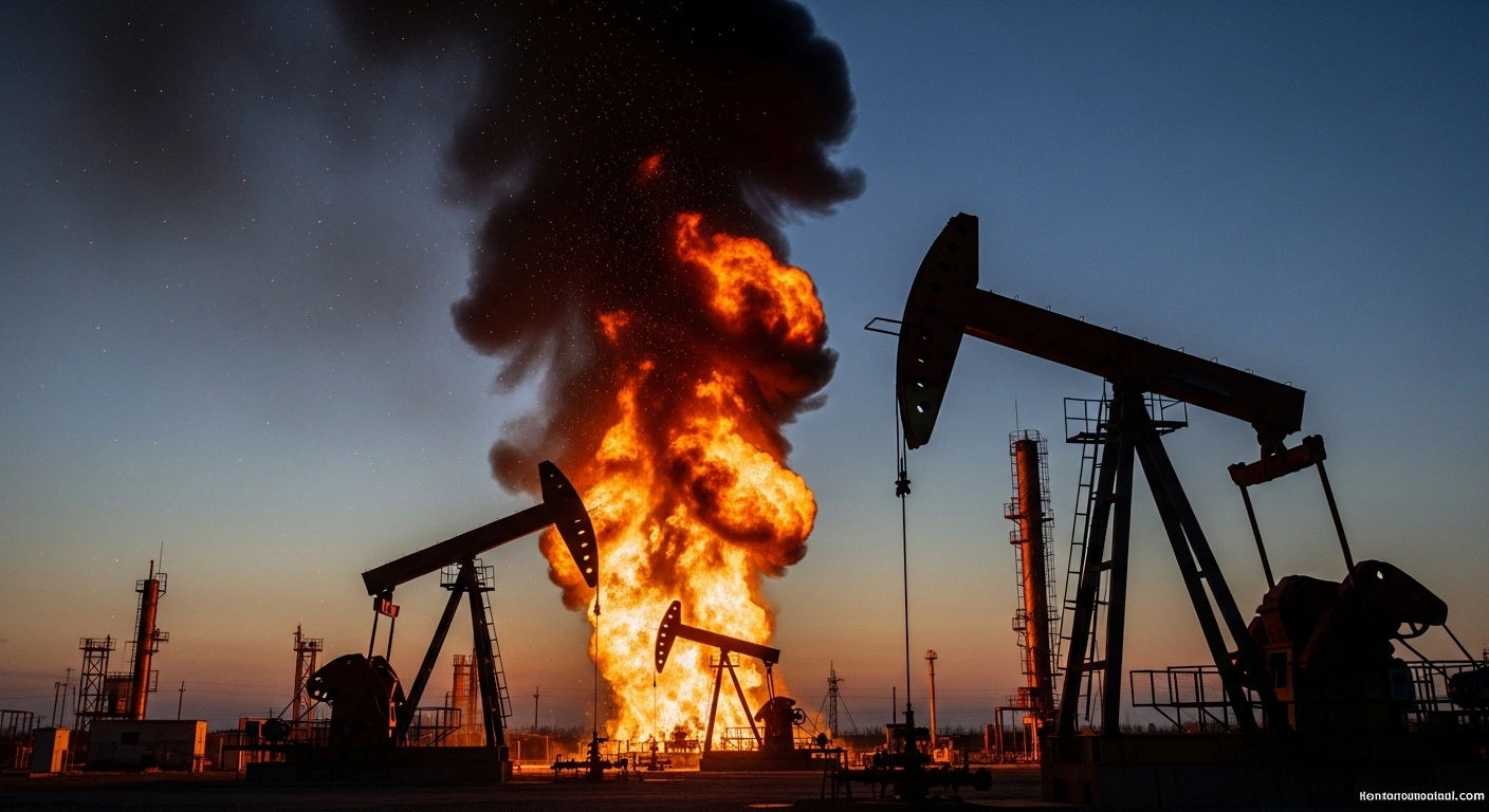 A large oil pumping station is engulfed in a massive fire at dusk, symbolizing the impact of Ukrainian long-range drone attacks on Russia's Tingovatovo oil pumping station, while Russia simultaneously claims to have captured three villages in eastern Ukraine.