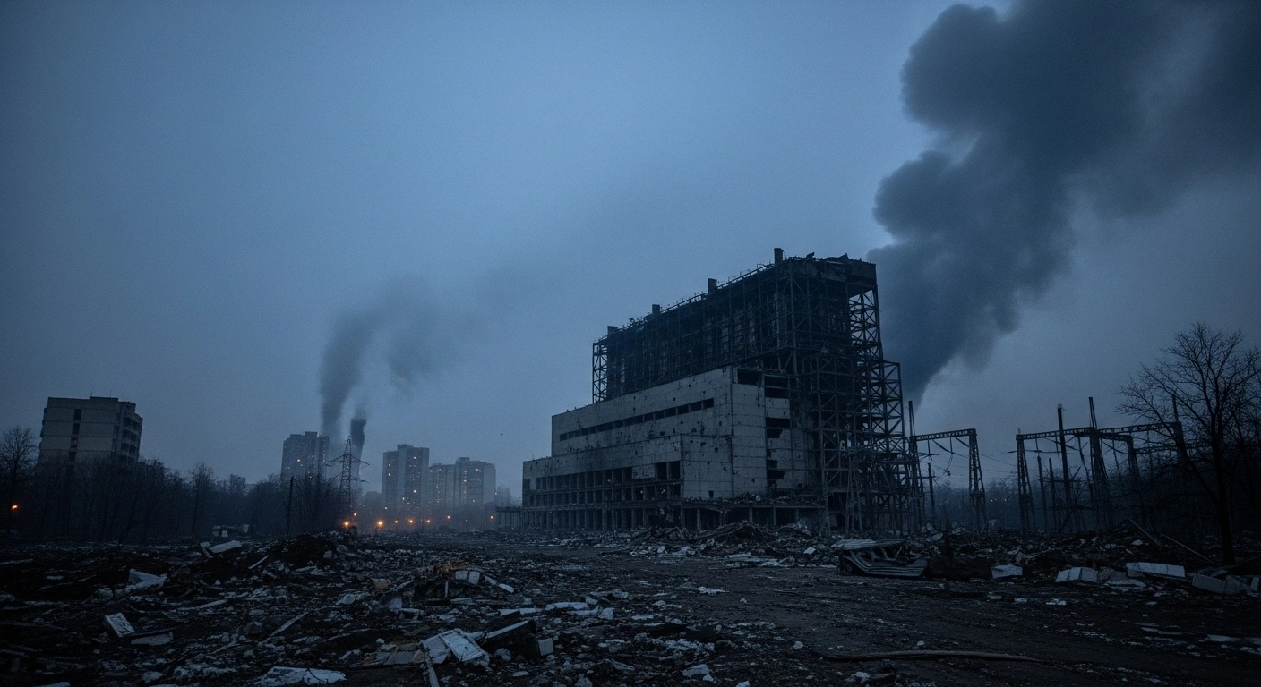 A wide, low-angle shot captures a partially collapsed power plant in a Ukrainian city at pre-dawn, illuminated by flickering emergency lights amidst rubble, symbolizing the aftermath of large-scale missile and drone attacks on critical energy infrastructure in late October 2025, which led to widespread power cuts and civilian casualties as winter approaches.