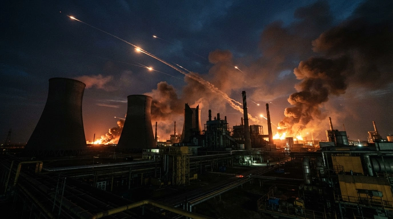 A massive power plant facility in Ukraine is struck by Russian missiles and drones during a coordinated night attack, causing widespread damage to the energy infrastructure.