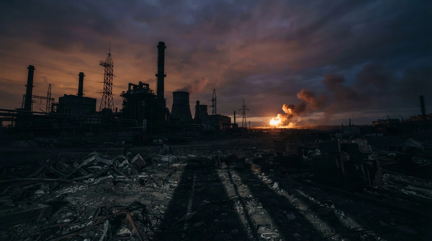 A damaged power plant facility burns on the horizon as strikes on energy infrastructure continue despite reports of a ceasefire between Russia and Ukraine.