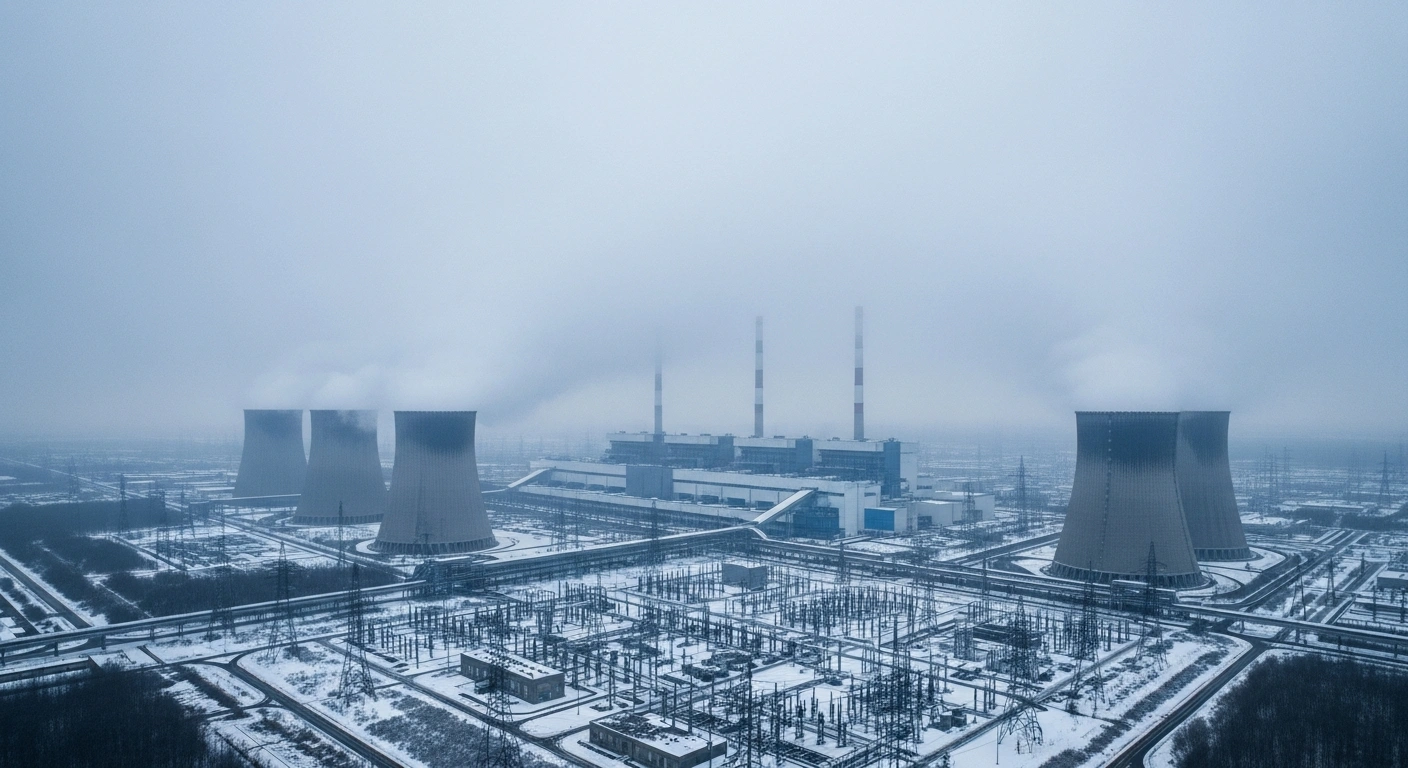A wide, high-angle view of a Ukrainian energy facility, possibly a nuclear power plant, shrouded in heavy winter fog, with massive cooling towers and intricate power lines, representing the vulnerable energy sector targeted by Russia's threatened aerial strikes.
