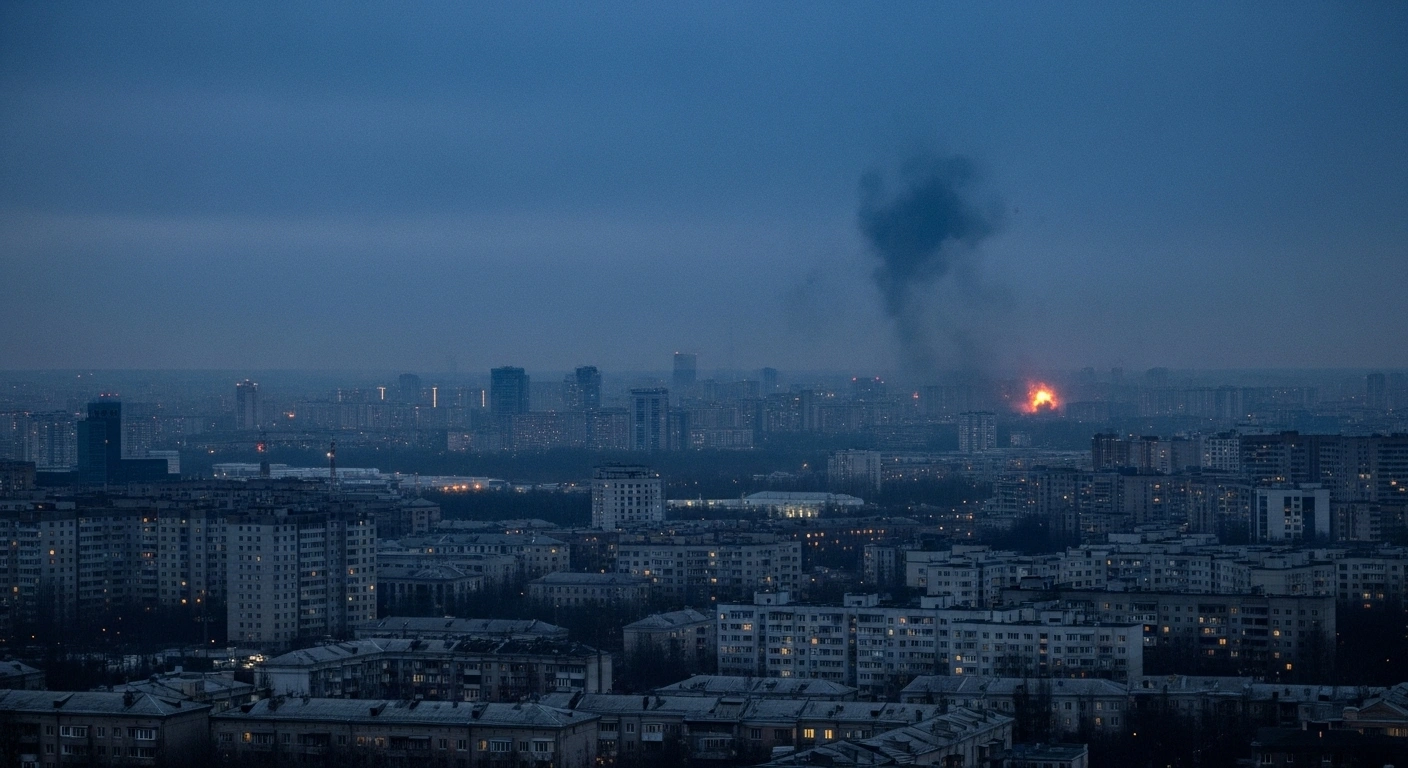 A wide shot of a Ukrainian city at dusk, partially darkened by extensive power outages, with distant explosions illuminating the sky, symbolizing widespread missile and drone attacks on critical energy infrastructure ahead of winter.