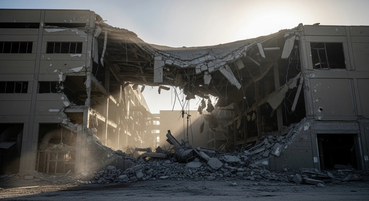 A large industrial sweets factory production building in Trostianets, Sumy Oblast, Ukraine, shows severe damage from a Russian missile strike, with a gaping hole in its concrete and steel structure revealing twisted rebar and machinery.