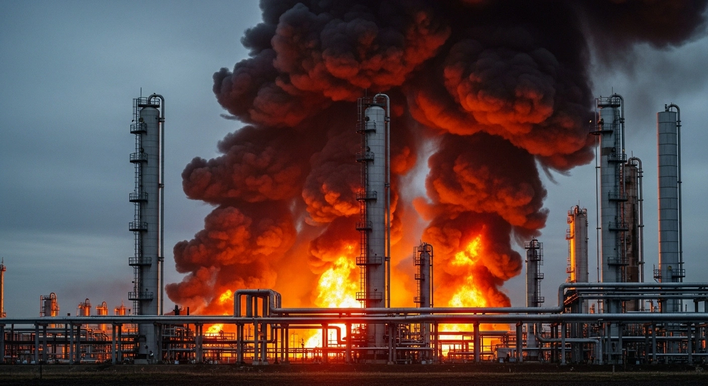 A wide, low-angle shot depicts a Ukrainian Naftogaz gas production facility in the Kharkiv or Poltava region at pre-dawn, engulfed in multiple fires and thick black smoke, illustrating critical damage sustained from an extensive Russian missile and drone attack on its infrastructure.