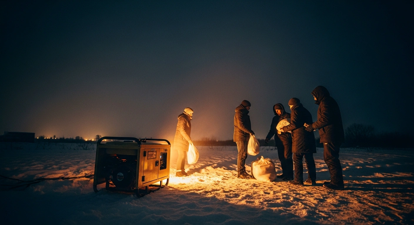 A powerful generator, part of vital humanitarian aid from the United Kingdom, casts a warm golden light on bundled figures receiving winter supplies in a snow-covered Ukrainian town during a harsh, dark winter night, bolstering resilience against energy infrastructure attacks.