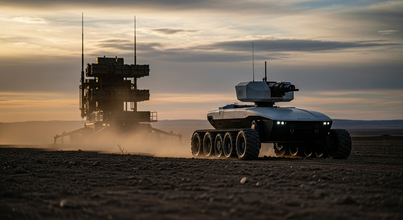 A modern unmanned ground vehicle operates in a field near a deployed anti-ballistic missile system as part of a defense cooperation agreement between Ukraine and Germany.