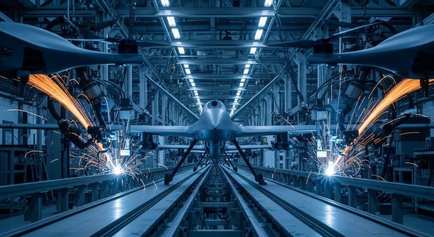 A futuristic factory assembly line shows sleek drones being manufactured, symbolizing the joint drone production initiative between Ukraine and Germany, aiming for 10,000 drones annually to expand Ukraine's defense industrial base.