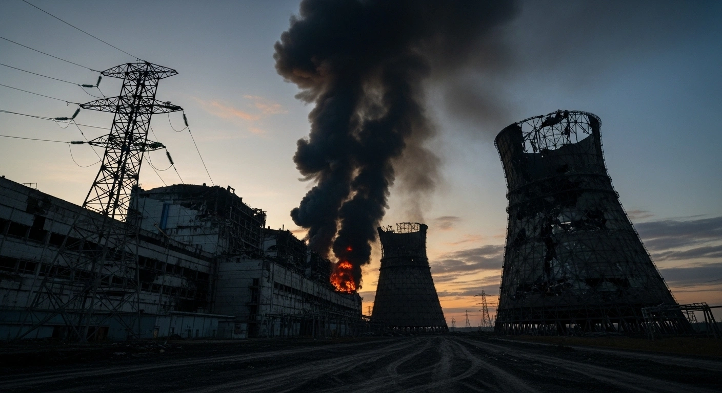 A wide, low-angle shot depicts a partially destroyed thermal power plant and substation near Belgorod, Russia, with smoke rising from damaged structures and emergency lights illuminating the scene, illustrating the aftermath of a reported Ukrainian HIMARS rocket strike that caused widespread power outages.