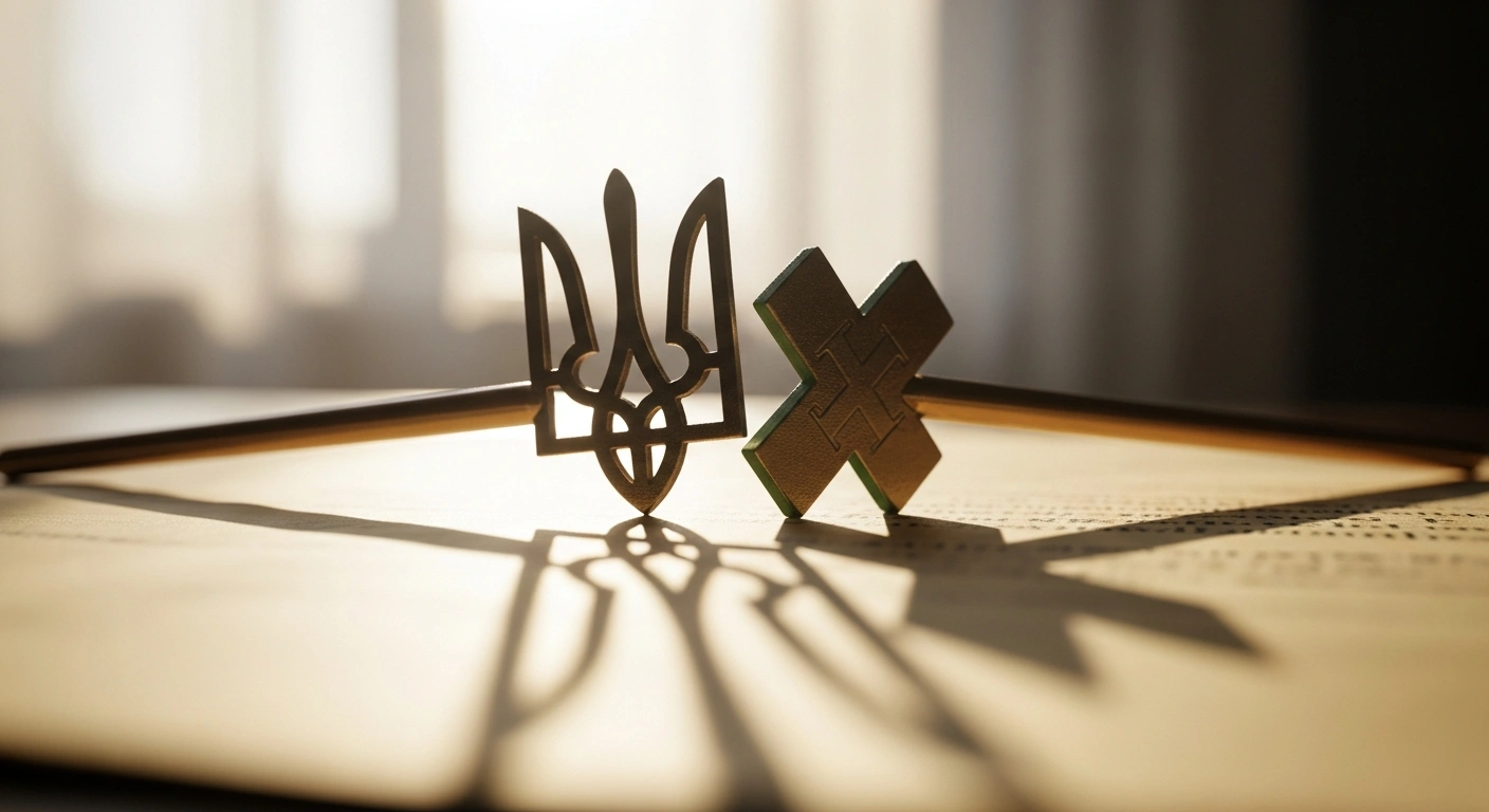 A close-up photograph depicts a stylized Ukrainian trident and a Hungarian double cross emblem resting on a document, illuminated by warm light, representing the draft education law submitted by Ukraine to Hungary regarding language policy.
