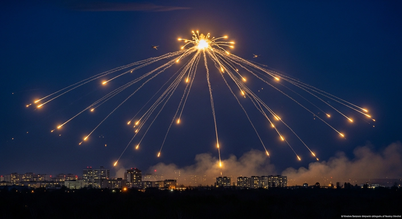 Ukrainian air defense forces fire tracer rounds into the night sky to intercept a large-scale aerial assault of Russian attack drones.