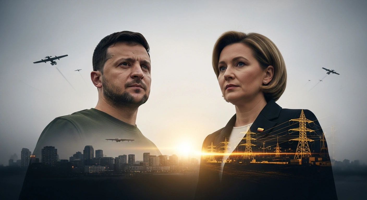 A photorealistic image depicts Ukrainian President Volodymyr Zelensky against a vigilant cityscape and Lithuanian President Gitanas Nausėda against an energy grid schematic, symbolizing their cooperation on regional security, countering hybrid threats, and gas supply.