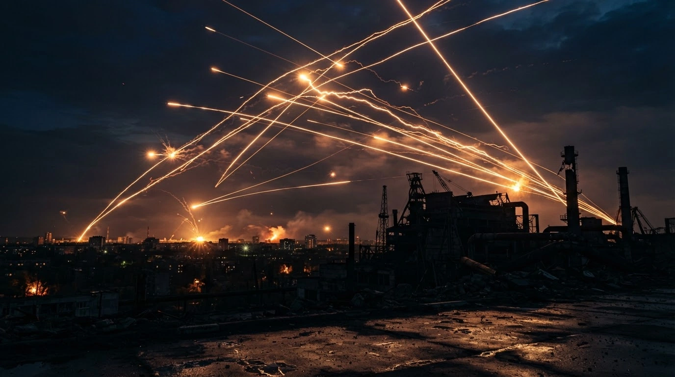 A dark Ukrainian cityscape is lit by the streaks of air defense missiles intercepting a massive aerial assault of drones and missiles over industrial infrastructure.