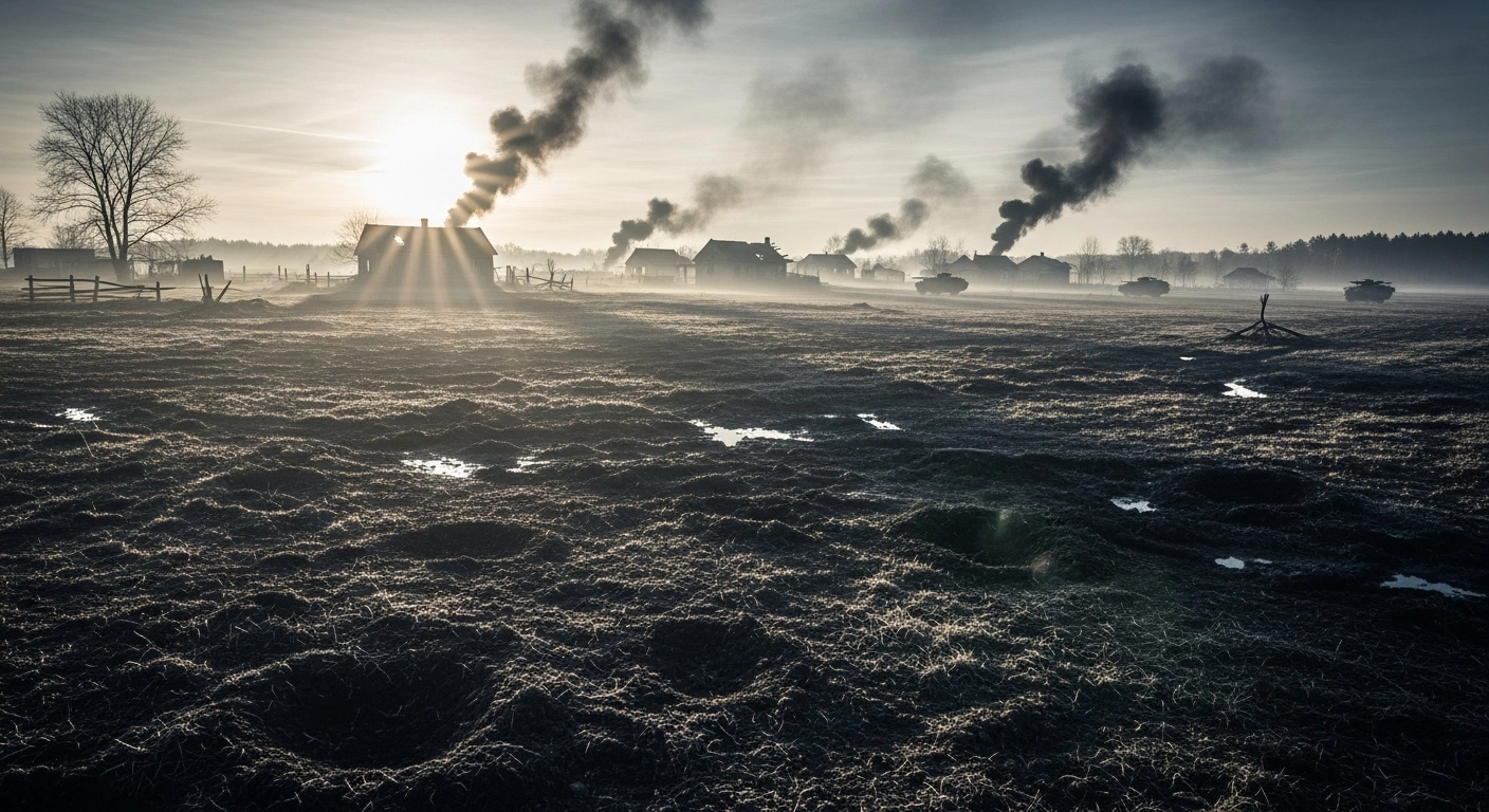 A desolate, war-torn landscape shows smoke rising from ruined settlements in Ukraine following ongoing military operations.