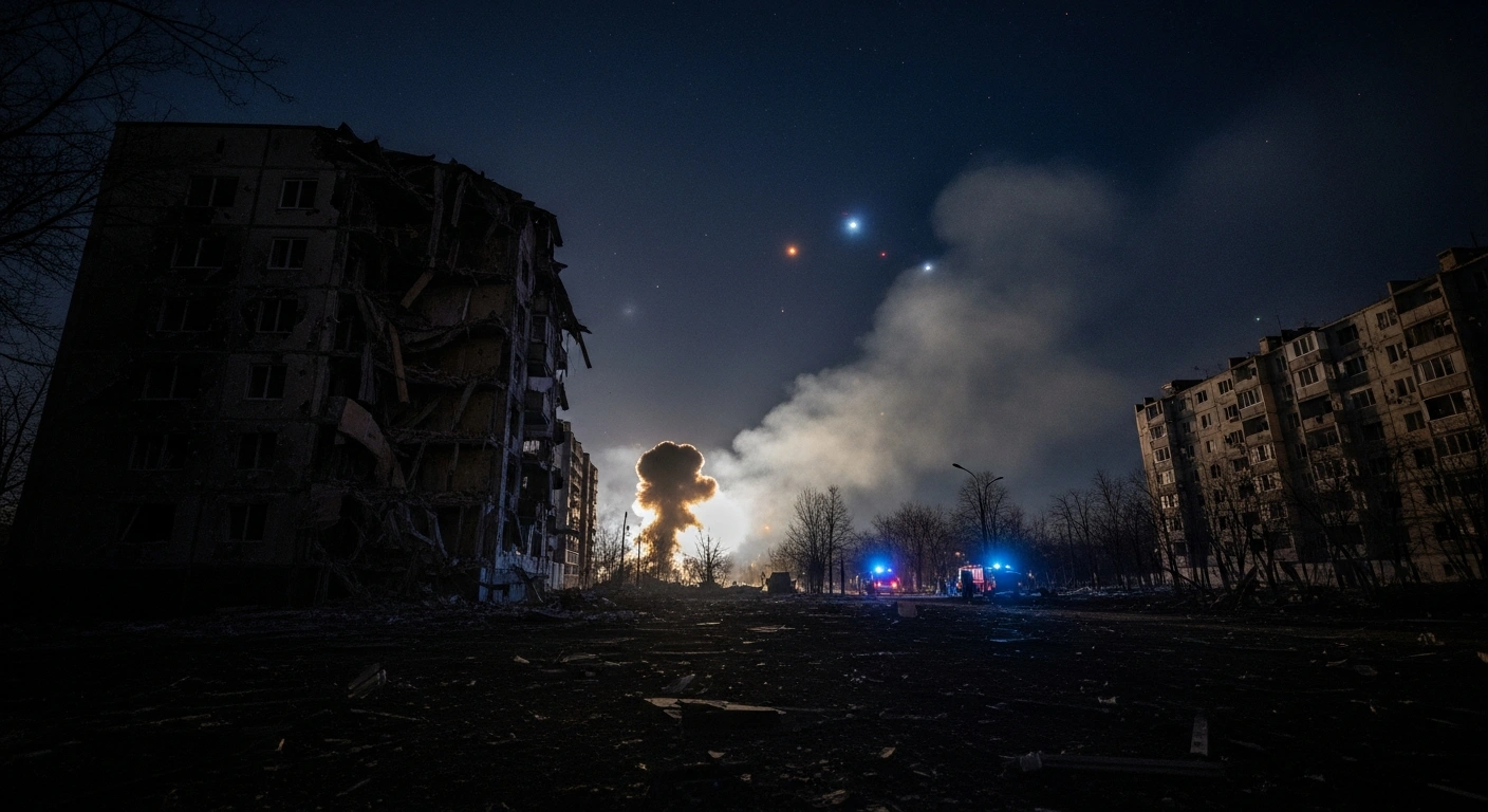 A night scene depicting a residential building in a Ukrainian city, heavily damaged by recent Russian missile and drone strikes, with debris scattered and emergency lights illuminating the destruction.
