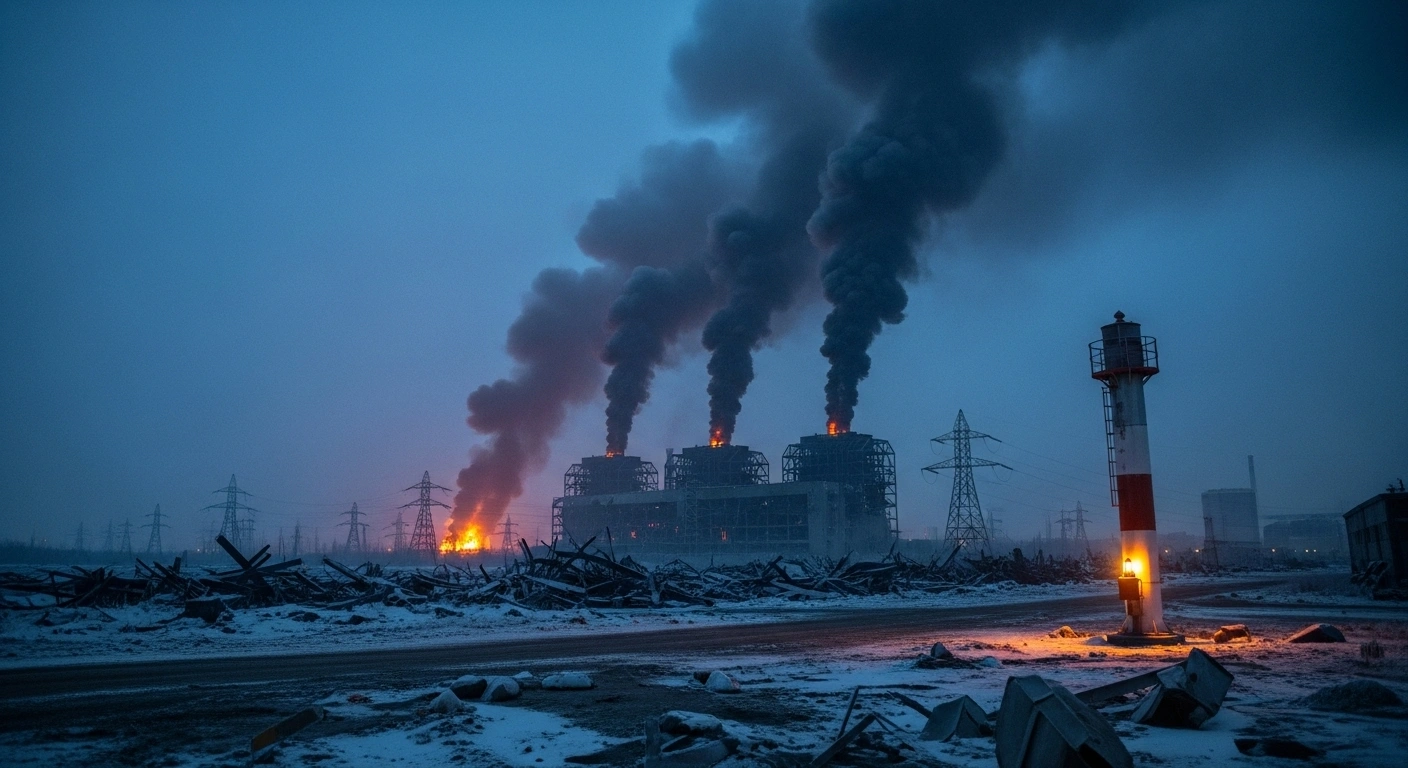 A wide, low-angle pre-dawn shot depicts the skeletal remains of a power station silhouetted against a bruised sky, with smoke rising and debris scattered, illustrating the aftermath of intensified Russian missile and drone attacks on Ukrainian critical infrastructure in early October 2025, leading to widespread power outages.