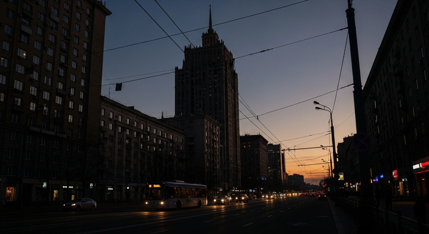 A wide-angle, low-light photograph of a Ukrainian city street at twilight, depicting a widespread emergency power cut with most buildings silhouetted against the sky, and only sparse car headlights illuminating a halted public transport vehicle, reflecting the disruptions caused by a power line malfunction affecting Ukraine and Moldova.