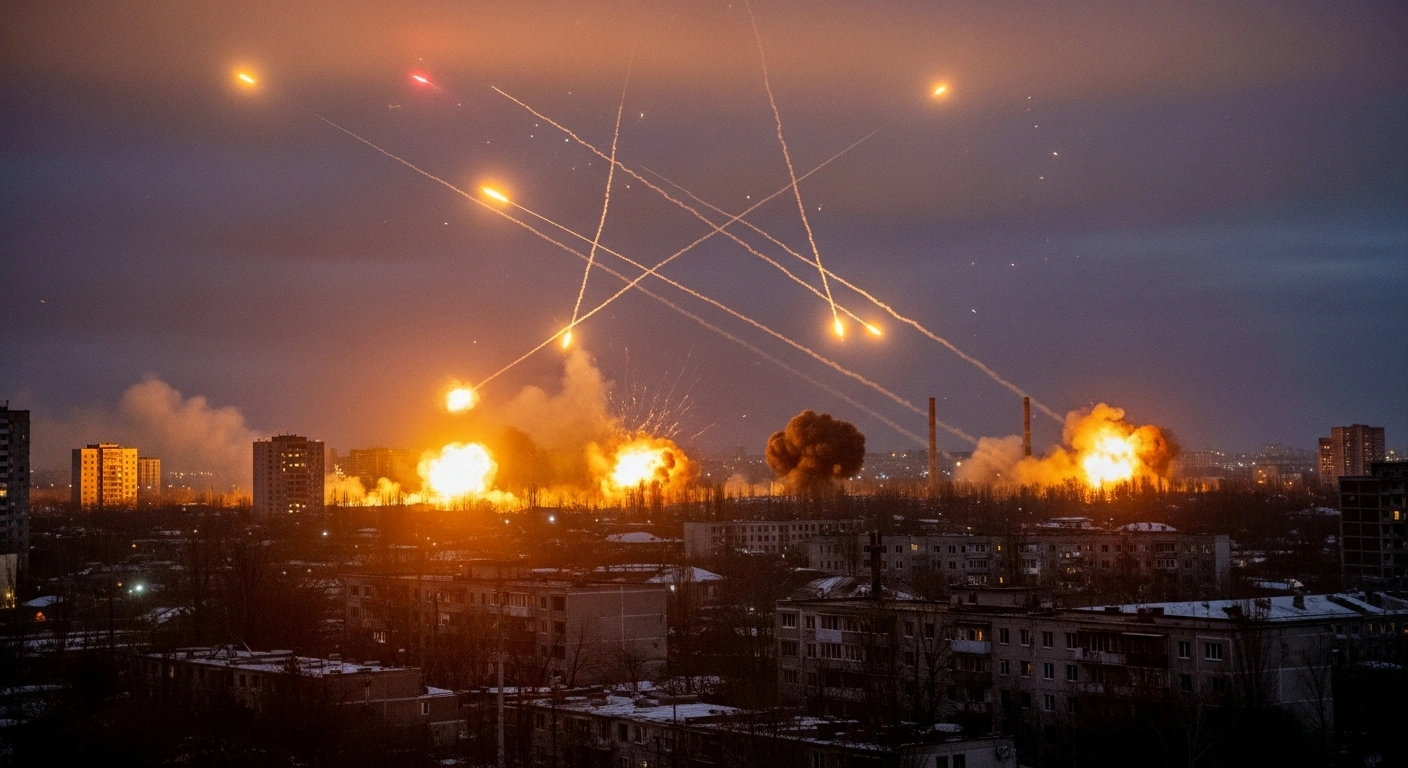 A chaotic night scene over a Ukrainian city shows multiple explosions from Russian missile and drone attacks targeting energy infrastructure and residential buildings, with bright tracer fire from Ukrainian air defenses intercepting aerial threats, and the orange glow of distant fires reflecting on damaged structures.